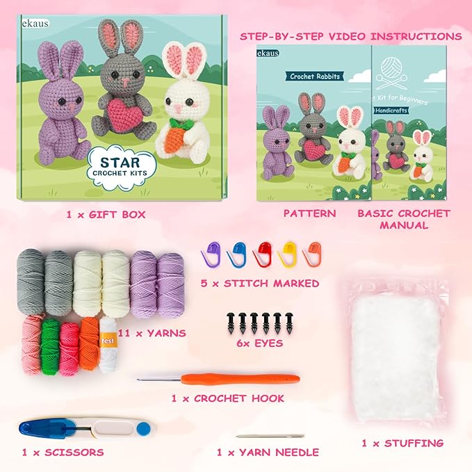 ekaus Crochet Kit for Beginners, Crochet Kit with Step-by-Step Video Tutorials, Crochet DIY Knitting Supplies for Adults, Crochet Rabbits(45%+ Yarn)