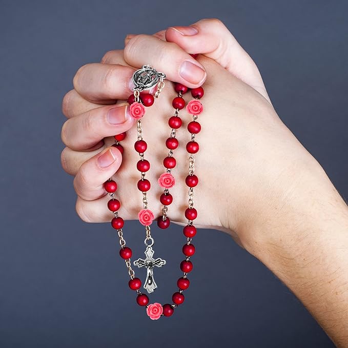 Sureio 140 Pcs Rosary Making Supplies Carved Rose Beads Flower Beads Kit Cross Centerpiece Crucifix Medal, Silver Jesus Maria Pendant for Bracelet Necklace(Pink)