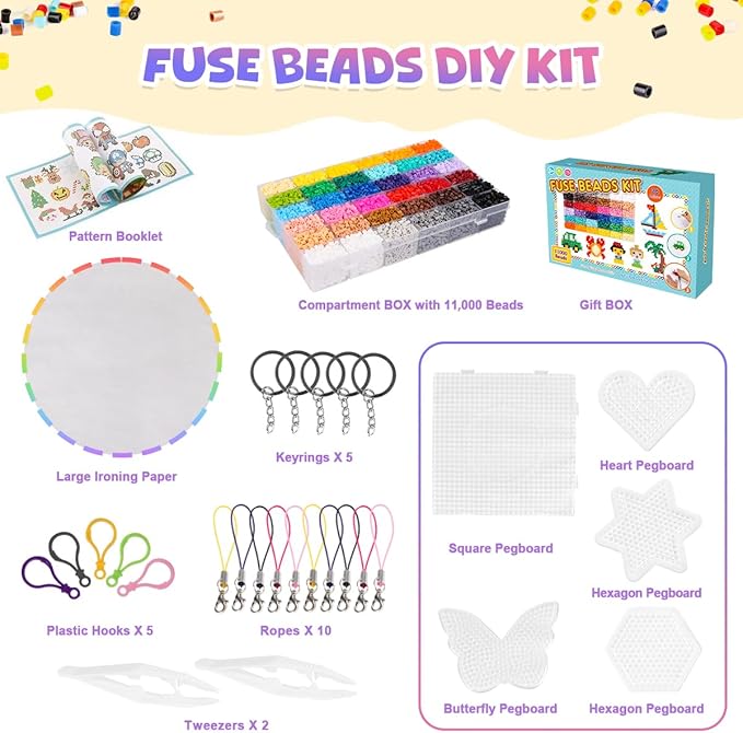 meland fuse beads kit - 11,000 pcs 36 color beads for craft for girls age 5-12 year old,5mm melty beads set including 5 pegboards, ironing paper & chain accessories iron beads christmas birthday gift