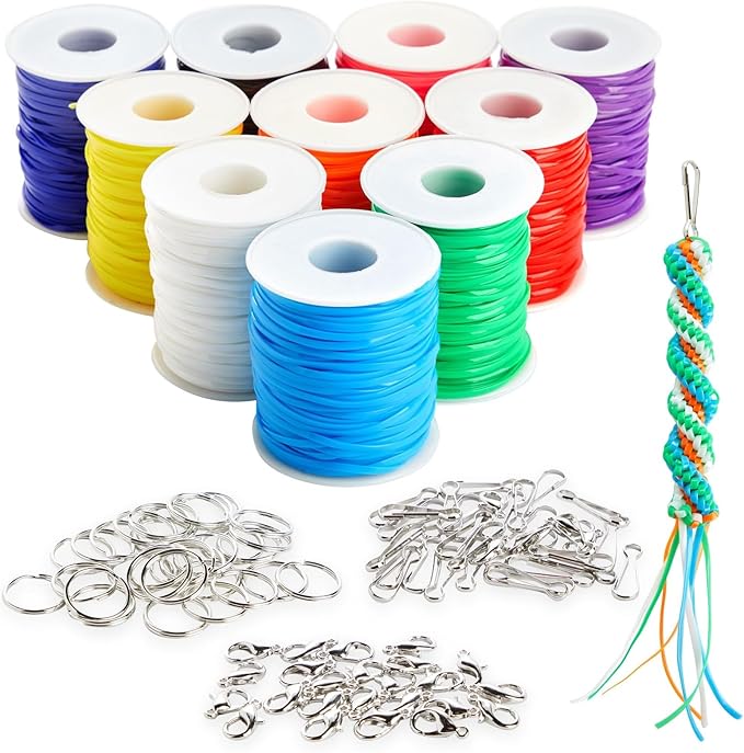 Bright Creations Plastic Lanyard String Kit - Boondoggle String & Gimp Cord - Keychain & Bracelet Making Kit - 10 Spools, 40 Yd Each, 10 Colors, Twisted