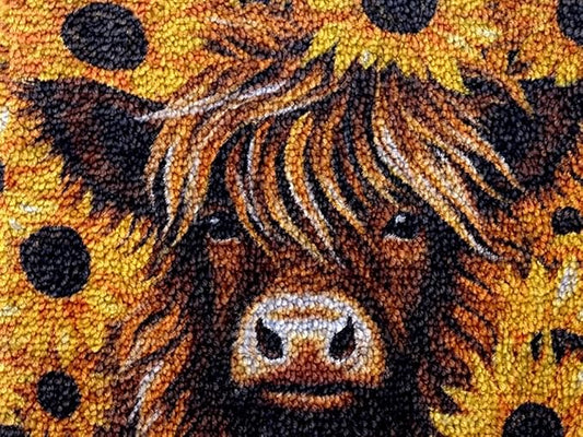 Generic Highland Cow & Sunflowers Latch Hook Kits Rug DIY Cushion Tapestry Making Crochet Hook Mat Making Kits Color Preprinted Pattern Canvas DIY Carpet Needlework Crochet Kits 52x38cm (d99-114)