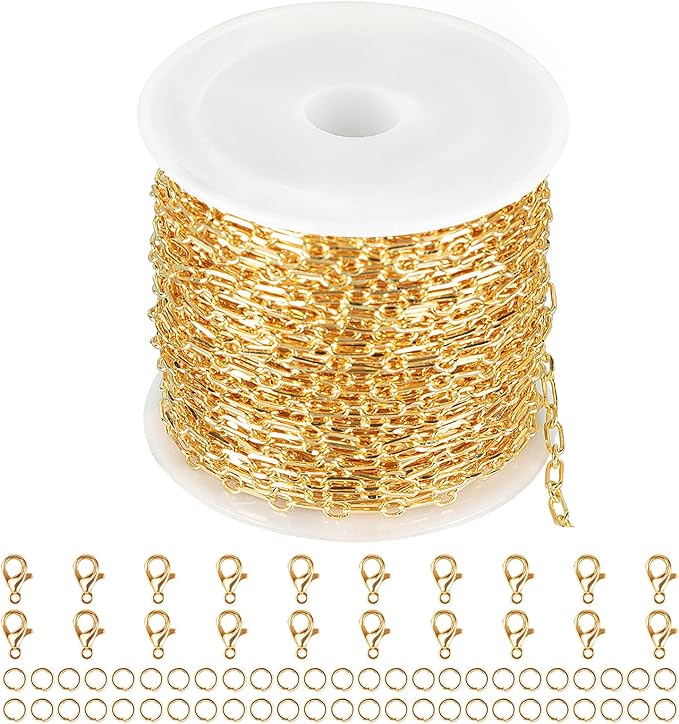 Jabogrii 32.8 Feet Gold Plated Brass Paperclip Jewelry Chains Roll Oval Link Necklace Bracelet DIY Craft Chain Bulk for Jewelry Making