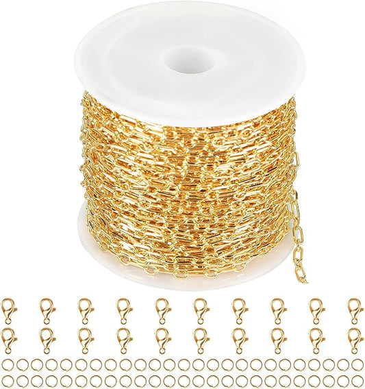 Jabogrii 32.8 Feet Gold Plated Brass Paperclip Jewelry Chains Roll Oval Link Necklace Bracelet DIY Craft Chain Bulk for Jewelry Making