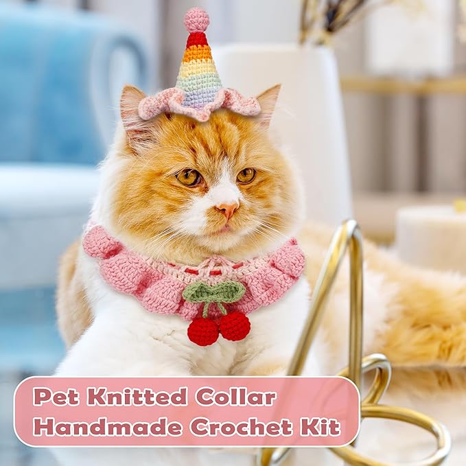 Alvian Crochet Kit for Beginners Pink Cherry Crochet Pet Collar Knitting Kit for Beginner Adults - Handmade Adjustable Scarf Hat Crochet Pet Outfit for Cats and Dogs