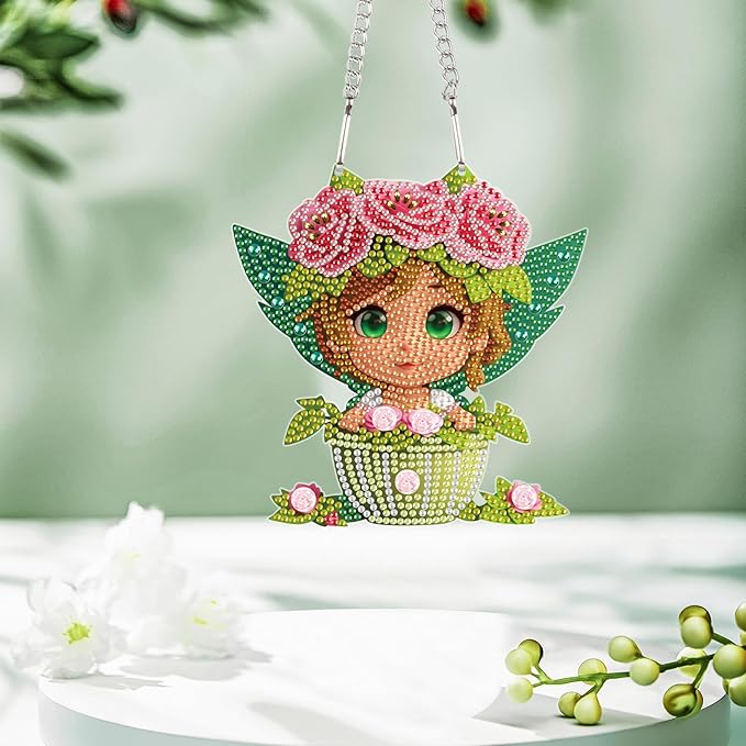 AiYuanzsh DIY Girl in Teacup Diamond Art Hanging Kit, Acrylic Crystal Stained Glass Diamond Painting Pendant with Chain for Home Wall Decor Ornament Gift for Adults