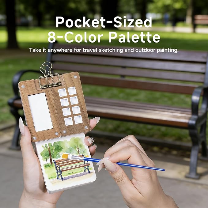 8-Well Mini Travel Watercolor Set, 32-Pcs Portable Pocket Palette Kit with 24 Vibrant Colors, 5 Brushes, 2 Sketchbooks & Clips, Tiny Wood Paint Box for Urban Sketching, Plein Air & Gifts