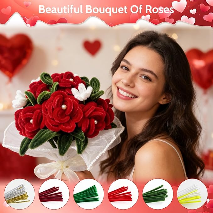 beanicus 600 PCS Valentine's Day Pipe Cleaners Craft, Pipe Cleaners Flowers Kit, Rose Flowers DIY Chenille Stems, Green and Red Pipe Cleaners, Valentines Day Rose Kit, Vday Decoration
