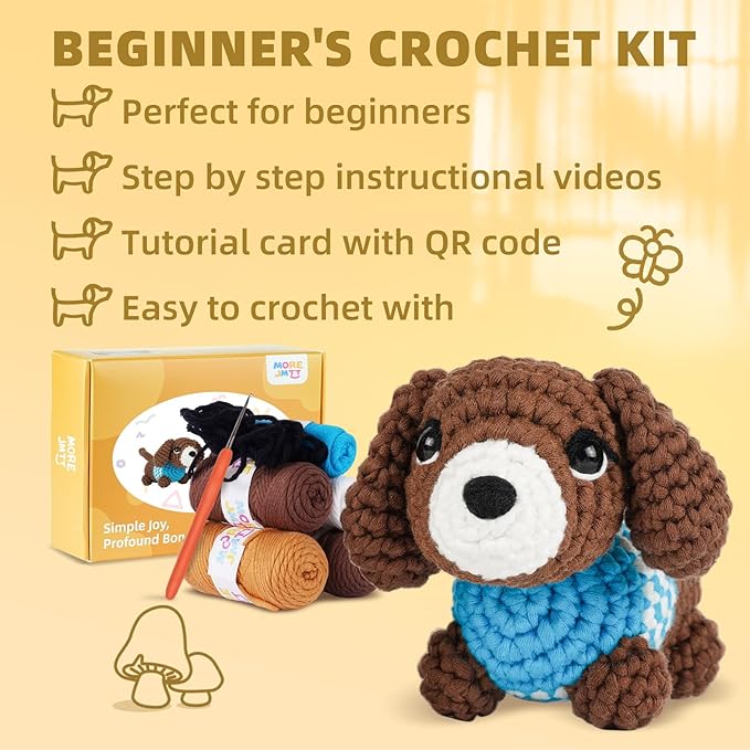 MOREJMTT Crochet Kit for Beginners, Learn to Crochet, Include Easy Knitting Soft Yarn, Step-by-Step Video Tutorial, Hook, Holiday Birthday Gift for Adults (Sausage Dog)