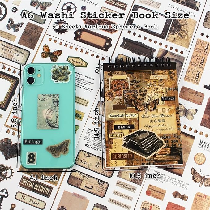 50 Sheets Precut Dark Academia Washi Stickers Book for Journaling, 604PCS Vintage Scrapbook Stickers, Ephemera for Junk Journal Supplies, Scrapbooking, Bujo, Collage, Adults Crafts Arts