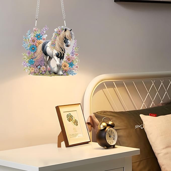 JZHYOAN Horse Diamond Painting Arts Hanging Kit Acrylic Ornaments Craft Kits Crystal Art Pendant Wind Chimes with Diamonds Diamond Art Window Pendants Home Garden Wall Hanging Kits