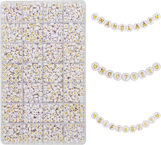 1450Pcs Acrylic 4x7mm Round Letter Beads Kits Alphabet A-Z (Extra for Vowel) and Gold Heart Number Beads for Bracelets Necklaces Jewelry Making (Gold and Numbers)