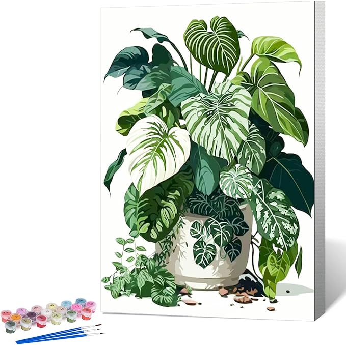Framed Paint by Numbers Kit for Adults Beginner Plant, Adult Paint by Number Kits on Canvas Framed Green Plant, DIY Acrylic Oil Painting by Numbers with Frame, Perfect for Home Decor Gift 8 X 12 Inch