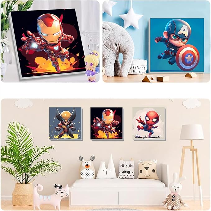KOJEFCV 4 Pack Cartoon Paint by Numbers for Kids with Framed Canvas-with Wooden Easel, Paint by Number for Kids Ages 4-8-12, DIY Easy Acrylic Oil Painting Kits for Home Wall Decor (8X8inch)
