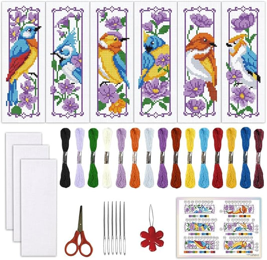 ORIGACH 6 Set Bird and Flower Cross Stitch Bookmark Kit for Beginners Stamped Embroidery Kit Include Backing Felt and Instruction Beginner Cross Stitch Kits for Adults