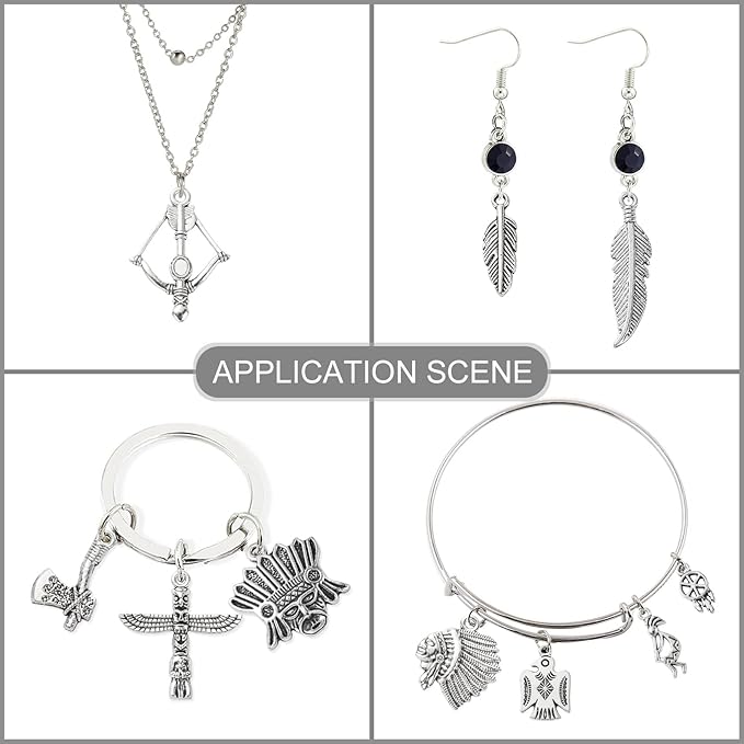 DanLingJewelry 100Pcs 10 Styles Indian Theme Charms - Indian Chief, Thunderbird, Axe, Feather for DIY Necklace & Bracelet Crafting