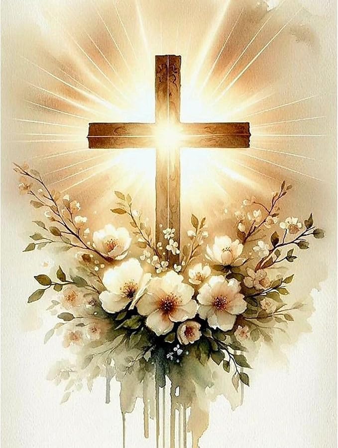Yezavesu Religious Cross Diamond Art Kits for Adults, Jesus Christ Cross 5D Diamond Painting Kit for Beginners, DIY Round Full Drill Painting with Gem Art Craft Kits for Home Wall Decor 12x 16 Inch