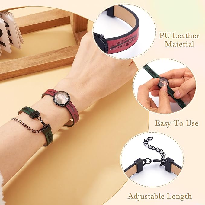 FASHEWELRY 5Pcs PU Leather Cord Bracelet Blanks Bezel Tray Settings Black Flat Round Tray Cabochons Adjustable Round Tray Bracelet Kits with Glass Cabochons for Jewelry Making