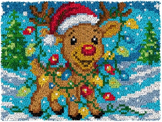 YOOLOOKY Latch Hook Kits for Adults/Beginners Printed Canvas Embroidery Tapestry Handmade Rug Home Sofa Decoration 20.5" X 15" (Reindeer)