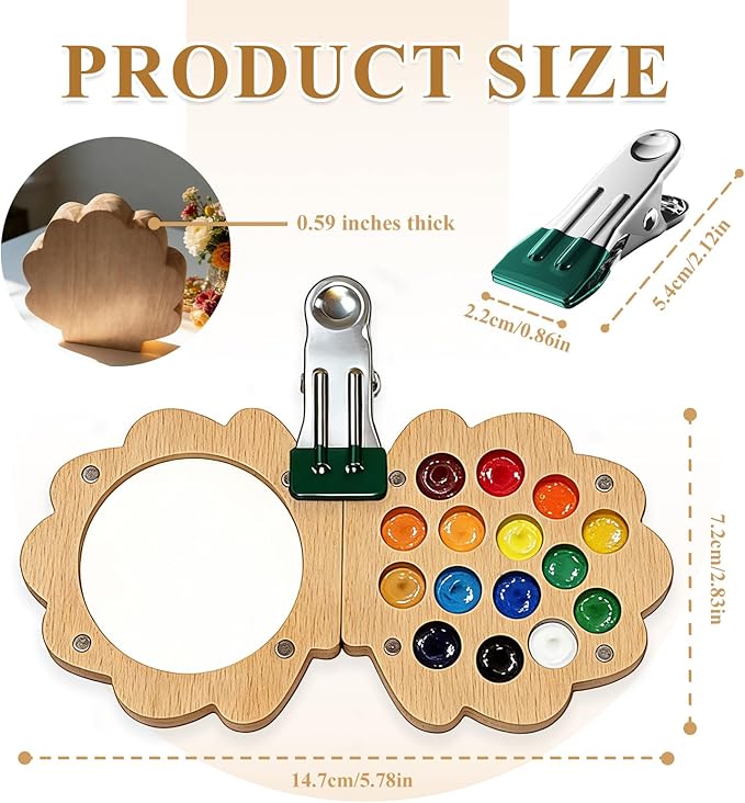 EVOCKAY Mini Watercolor Paint Palette with Clip Perfect for Artists, Painters & Students - Wooden Travel Kit 24 Colors-15 Grids（Shell-Shaped walunt）