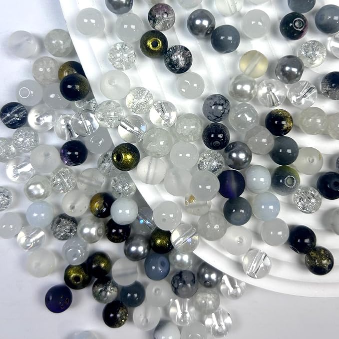 300pcs 8mm Glass Beads, 24 Colors Assorted Glass Beads for Jewelry Making, Black and White Series Round Spacer Bead Kit for Bracelet Necklace DIY Craft