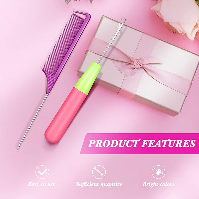 8 Pcs Hair Crochet Hooks Set with Accessories Include 2 Plastic Crochet Needle Hooks 4 Alligator Hair Clip and 2 Rat Tail Comb Tool Kits for Braiding, Extension