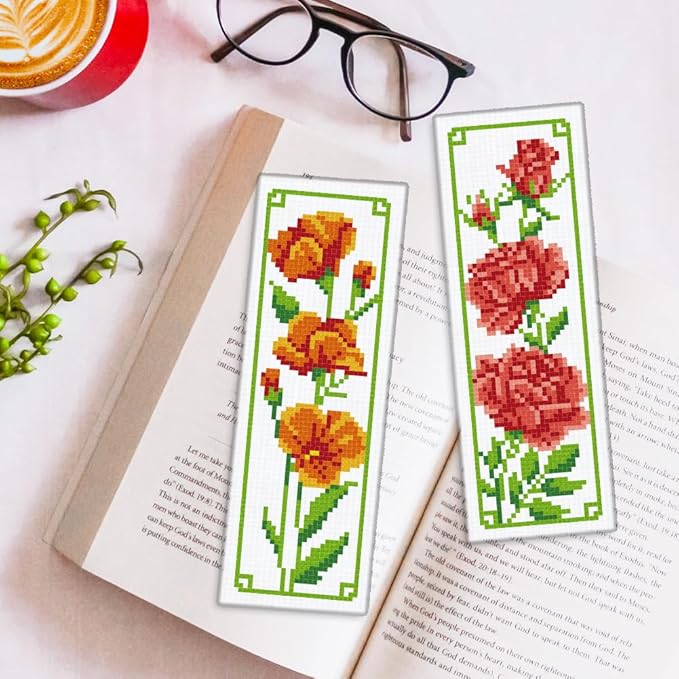 ORIGACH 6 Set Floral Cross Stitch Bookmark Kit for Beginner with Backing Felt Floss Instructions Magnolia Daffodil Rose DIY Stamped Embroidery Bookmark Kit for Adults, Book Lovers