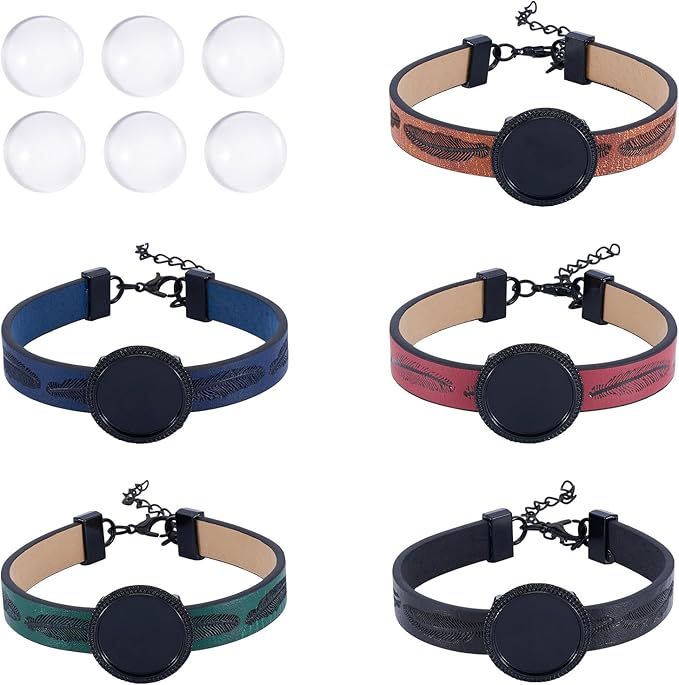 FASHEWELRY 5Pcs PU Leather Cord Bracelet Blanks Bezel Tray Settings Black Flat Round Tray Cabochons Adjustable Round Tray Bracelet Kits with Glass Cabochons for Jewelry Making