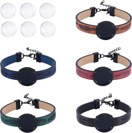 FASHEWELRY 5Pcs PU Leather Cord Bracelet Blanks Bezel Tray Settings Black Flat Round Tray Cabochons Adjustable Round Tray Bracelet Kits with Glass Cabochons for Jewelry Making