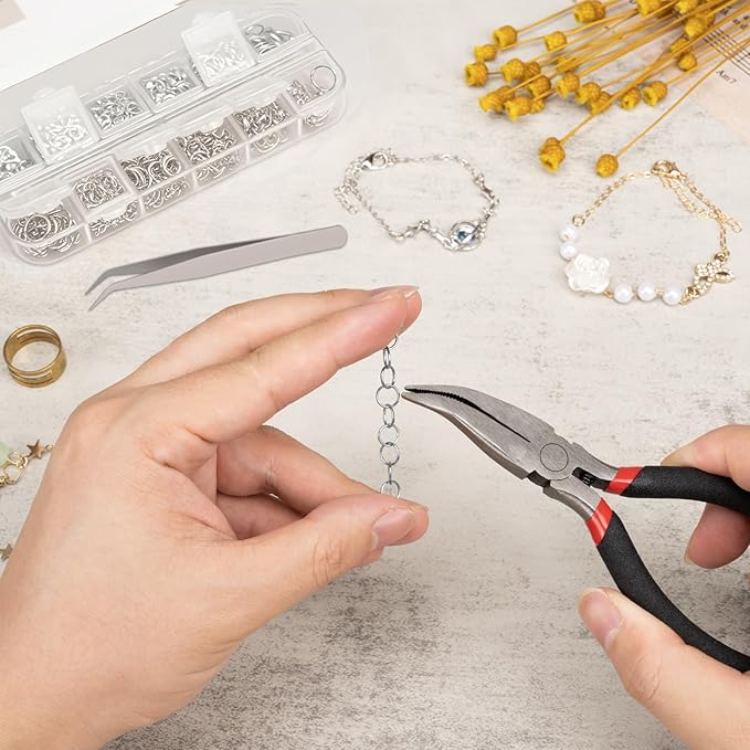 1200 Pcs Jump Rings, Jewelry Making Kit with Open/Close Tools, Pliers, Tweezers, Lobster Clasps, DIY Necklace Repair and Keychain Supplies (Silver)