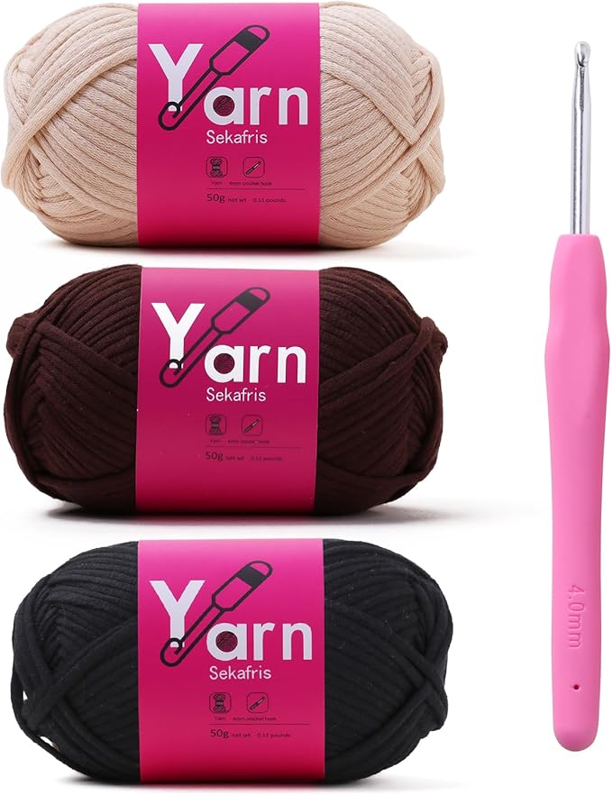 Crochet Yarn with Cotton Yarn for Crocheting - Crochet Knitting Yarn for Beginners with Easy-to-See Stitches - Yarn for Crocheting - Parfait Chunky Yarn (Beige+Coffee+Black)
