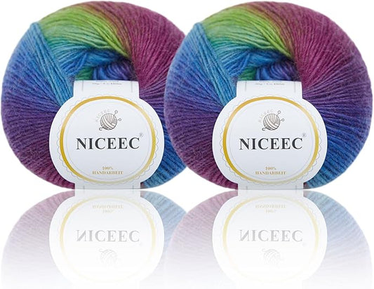 NICEEC 2 Skeins Rainbow Soft Yarn 100% Wool Gradient Multi Color Yarn for Crocheting Knit Total Length 180m×2(196yds×2,50g×2)-9#