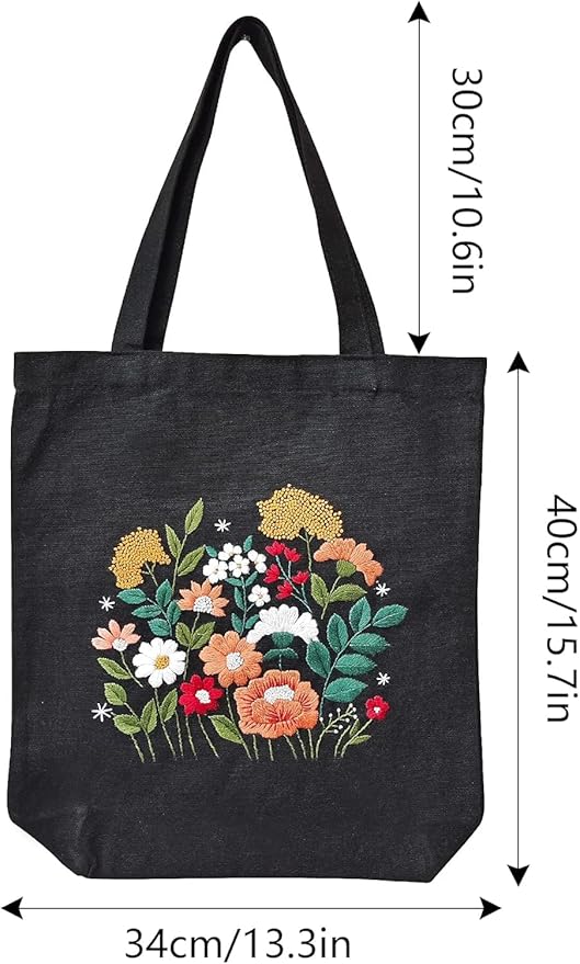 Canvas Tote Bag Embroidery Kit with Pattern for Beginners, Arts and DIY Embroidery Crafts Kits for Adults, Instructions, thimble, Embroidery Hoops, Color Threads (black, CR002 huaguangpianran)
