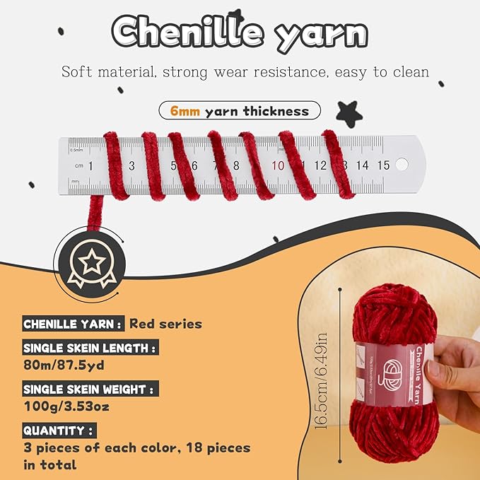 LUNARM 18 Skeins Chenille Yarn for Crocheting, Handmake Weaving Thick Soft Chunky Yarn for Blankets Clothes Crochet Craft with Crochet Hooks Needles Stitch Markers,3.53oz/Skein(Pink Series)