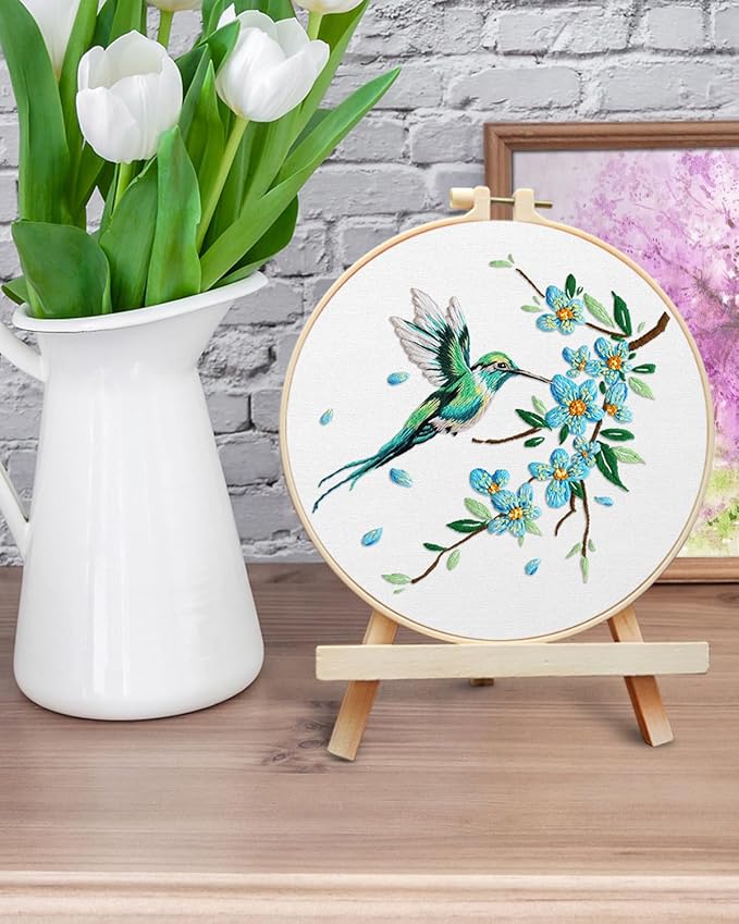ERKOON Embroidery Kit for Beginners, Hummingbird and Flower Cross Stitch Set for Include Embroidery Cloth Hoops Threads for Craft Lover Hand Stitch with Embroidery Skill Techniques (Green Hummingbird)