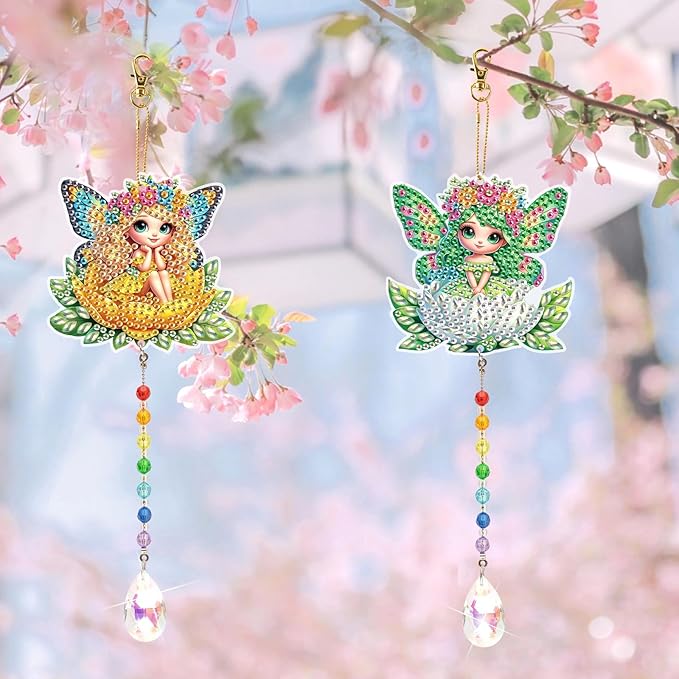 LazyFold 2 Pcs Diamond Painting Wind Chime Kits,Flower Fairy DIY Diamond Art Painting Wind Chime Kits Crystal Art Suncatchers for Adults Home Garden Window Craft Gift