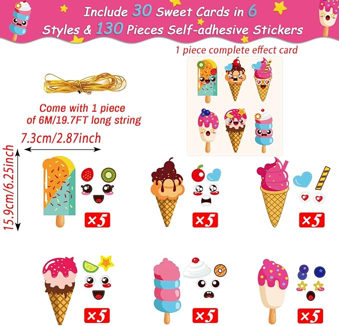 chiazllta 30 Packs Summer Ice Cream Craft Kits for Sweets DIY Sticker Art Craft Set for Early Home Day-Care Fun Game Activities Summer Party Favors