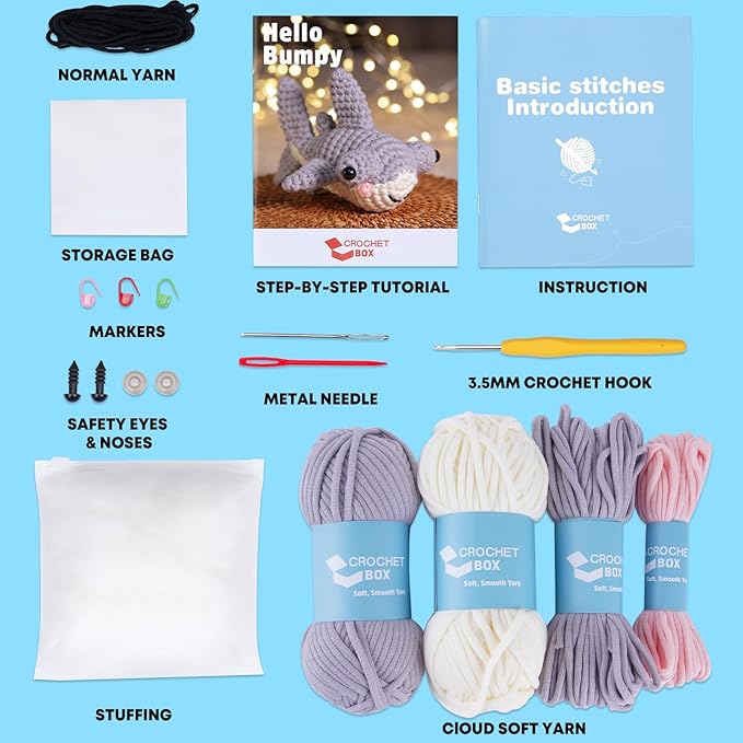CrochetBox Crochet Kit for Beginners - Hammerhead Shark Starters Crochet Kit, Beginners Crocheting Kitting for Adults Teen, Gifts with Crochets Yarns, Hook, Step-by-Step Video, Instruction