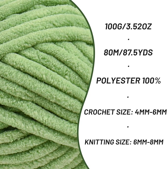 2 Pack Chunky Chenille Yarn for Crocheting, Baby Yarn for Crocheting Soft Blanket, 174.9 yds /7 oz Crochet Yarn, Bulky 5 Amigurumi Yarns, Fluffy Velvet Yarns for Knitting Crafts (2 Avocado Green)
