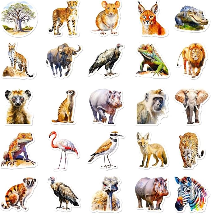 50 pcs cute animal stickers bulk.zoo animal stickers packs for adults teens,girls,wild africa sticker for water bottles laptop, phone etc