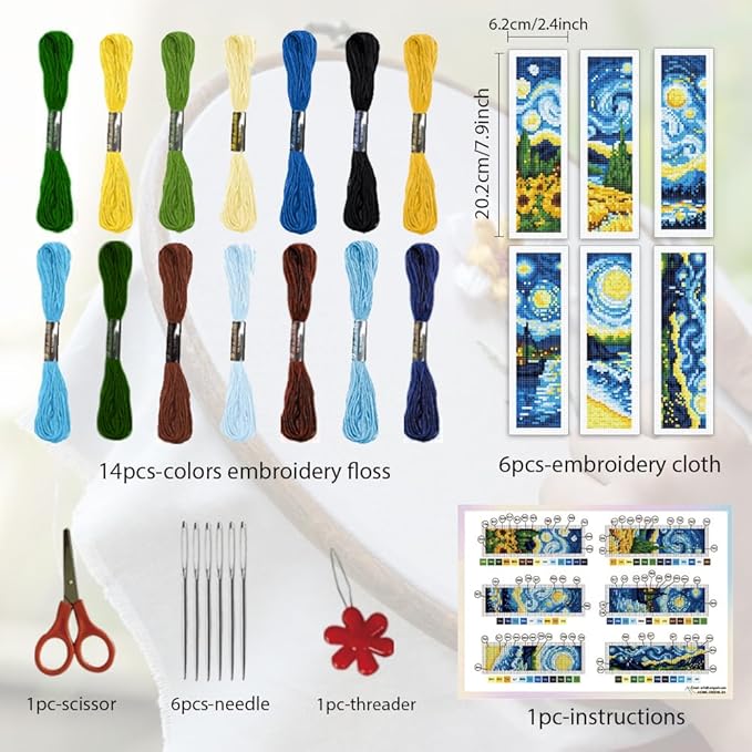 ORIGACH 6 Pcs Cross Stitch Bookmark Kit for Beginner Adults, Swirling Night Sky Stamped Embroidery Bookmark Kit with Instruction for Starters Printed Cross Stitch DIY Kits for Book Lovers
