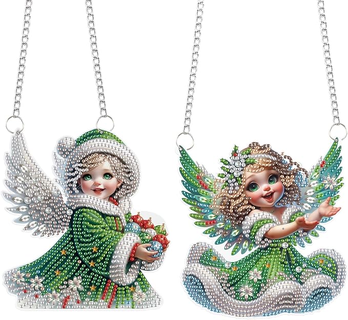 LazyFold 2 Pcs DIY Acrylic Diamond Art Painting Pendants Kits, Angel Special Shaped Rhinestone 5D Diamond Art Window Pendants Home Garden Wall Hanging Ornament Kits Gifts