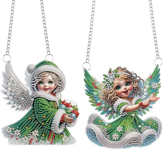LazyFold 2 Pcs DIY Acrylic Diamond Art Painting Pendants Kits, Angel Special Shaped Rhinestone 5D Diamond Art Window Pendants Home Garden Wall Hanging Ornament Kits Gifts