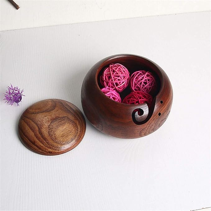 1 Pcs Wooden Yarn Bowl with Lid, Crafted Wooden Weaving Thread Bow with Carved Holes, Premium Knitting Storage Accessories & Supplies, Handcrafted Round Yarn Ball Bowl Brown Box, 16 CM #02