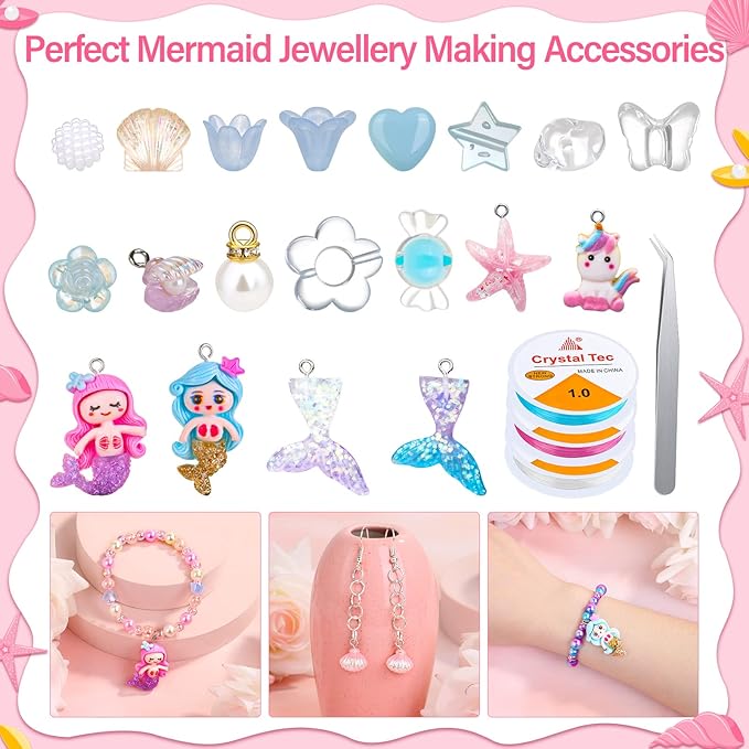 Qinzave 802Pcs Mermaid Beads Jewelry Making Kit, Mermaid-Inspired Beads & Charms Set with Elastic Strings and Tools, Bracelet & Necklace Craft Supplies (802 Pieces)