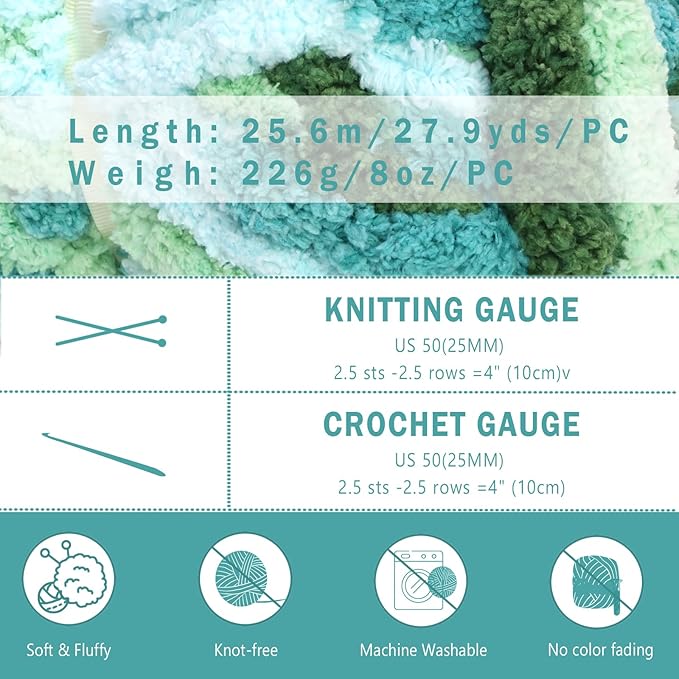8 Pack Chunky Yarn for Hand Knitting - Chenille Blanket Yarn for Crocheting Blankets - 223 Yds/63.7 Oz Rainbow Ombre Yarns - Super Bulky Soft Thick Mixed Color Jumbo Yarns (8, Mint/Teal/Green)