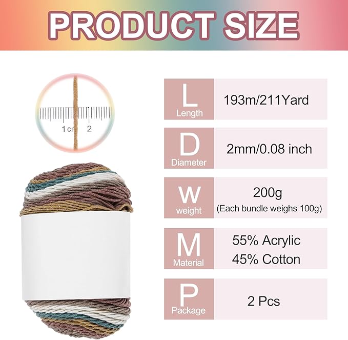 MECCANIXITY Cotton Acrylic Yarn for Crocheting, 422 Yard 5 Ply Soft Gradient Yarn Acrylic 45% Cotton 55% Used for DIY Knitting Blankets Scarves(2 Packx100g,Coffee,Yellow,Red,Green)