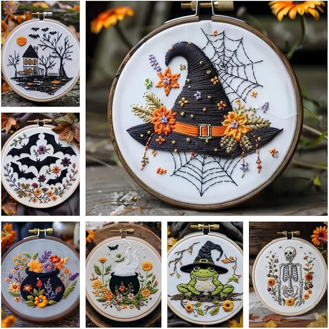 Floral Witch Hat Embroidery Kit Halloween Cross Stitch Material Set with Bat Skull Flower Pumpkin Patterns, DIY Hand Needlepoint Embroidery Craft Kit for Beginners Professional (Haunted House)