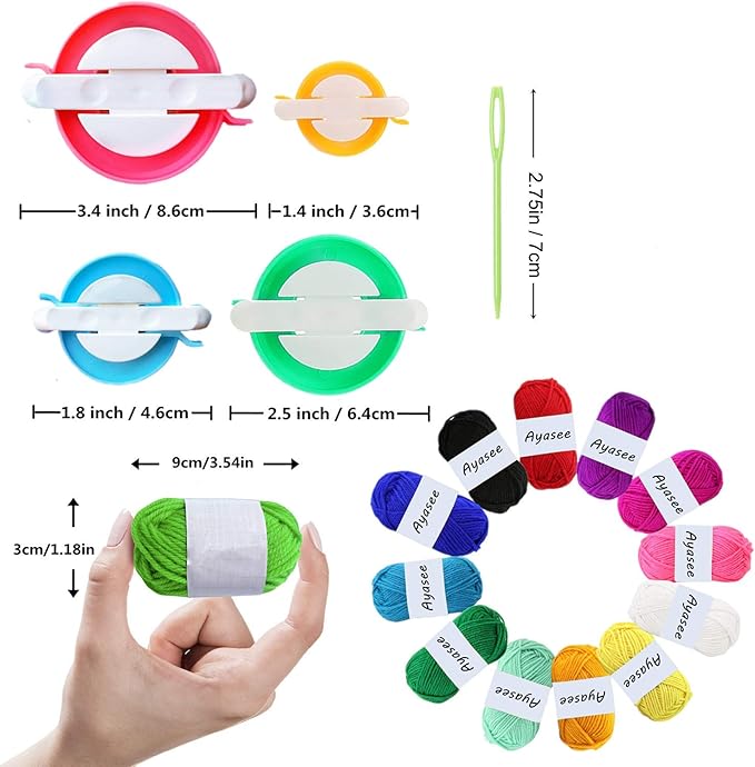Pompom Maker Kits, Knitting Loom Kit Fluff Ball Weaver Needle Craft DIY Knitting Crochet Tool Kit, 4PS Pompom Maker+10PS Knitting Stitch Markers+10PS Plastic Needles+12PS Acrylic Yarn(36)