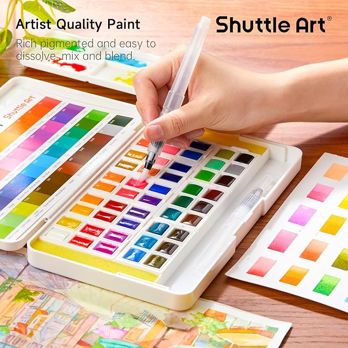 Watercolor Paint Set, Shuttle Art 48 Colors Watercolor Paint in Half Pans with 2 Water Brush Pens, 10 Paint Brushes, 1 Watercolor Pad, 1 Palette, 2 Color Charts, Watercolor Kit for KidsAdults, Artists