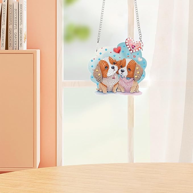 DIY Diamond Painting Hanging Kit for Adults, Diamond Art Suncatcher – Special Shaped Crystal Ornament with Cute Dog Couple, Window Decor or Car Rearview Mirror Gift